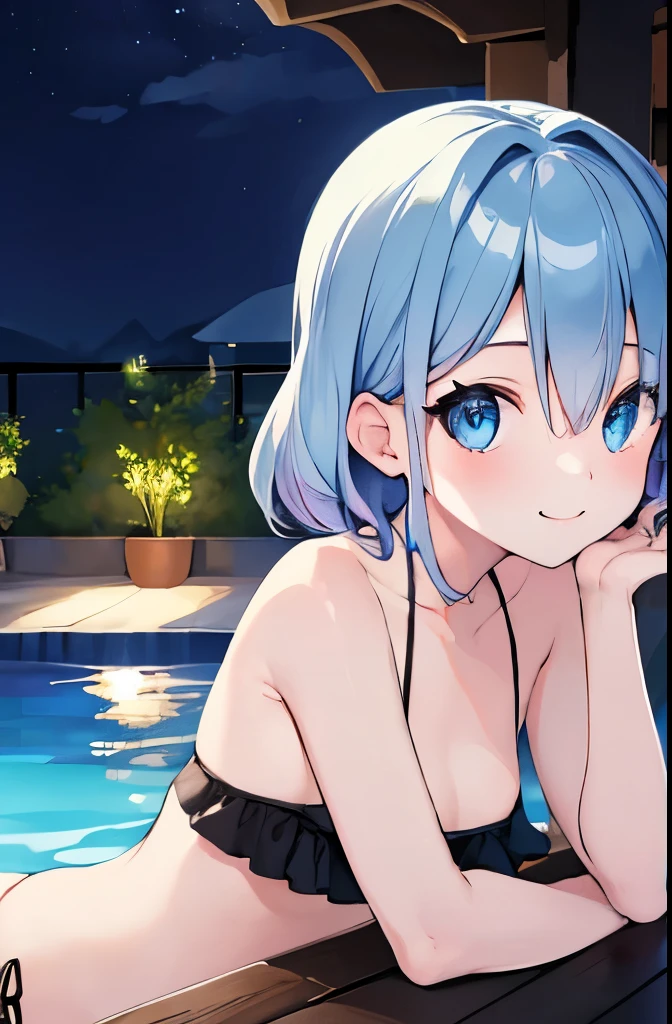 ((masterpiece)), ((best quality)), (ultra-detailed), pool, night, a cute girl, 1girl, solo, bikini, ((beautiful eyes)), smile