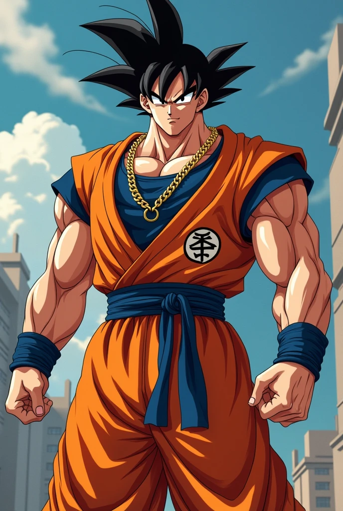 Create an image of Goku dressed in Gucci with a gold chain very muscular tall 