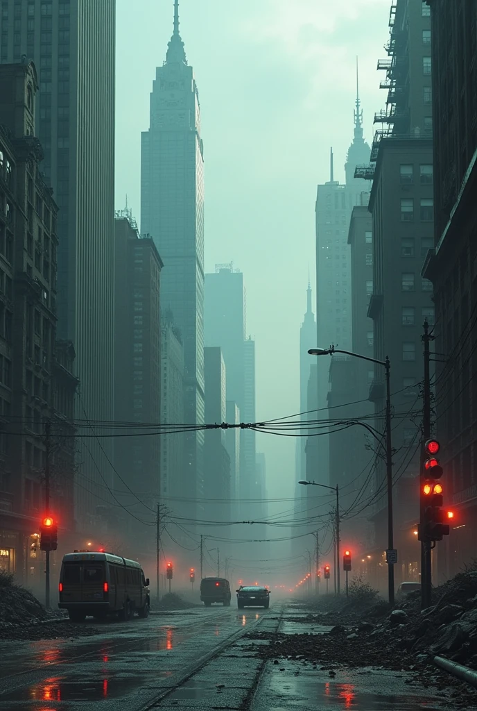 Imagine a big city, but completely abandoned, plunged into an oppressive silence. the streets, once vibrant and full of life, now they are deserted, covered by a layer of dust and dead leaves that the wind occasionally lifts, creating whirlpools that disappear as quickly as they appear.
The tall buildings, that were once icons of modernity, are deteriorated, with broken windows and facades stained by time. Neon Signs, once brilliant, now blink weakly or remain off, as witnesses of a life gone by.
Old cars are parked haphazardly on the streets, some with open doors, others with shattered glass, as if people had suddenly fled. At one of the intersections, a traffic light still works, changing its colors for a non-existent audience.
The sidewalks, previously full of pedestrians, are empty, except for a few open suitcases, its contents scattered across the floor, suggesting a hasty evacuation. Shops with broken windows show looted interiors, with fallen mannequins and merchandise scattered on the floor.
in the center of the city, a square with a large fountain, now dry and cracked, is surrounded by rotting wooden benches and dead trees. The statue in the middle of the square, corroded by time, observes everything impassively, as if it kept the secrets of what happened there.
The air is still, heavy with the smell of rust, dust and something indefinable, a mixture of decay and abandonment. The only sound is the wind, that whistles between buildings and makes doors creak, giving the feeling that something or someone could emerge at any moment from the deep shadows that gather in the alleys and corners. The whole city seems to be waiting, suspended in an endless moment, as if time had stopped and she was on the brink of something terrible.