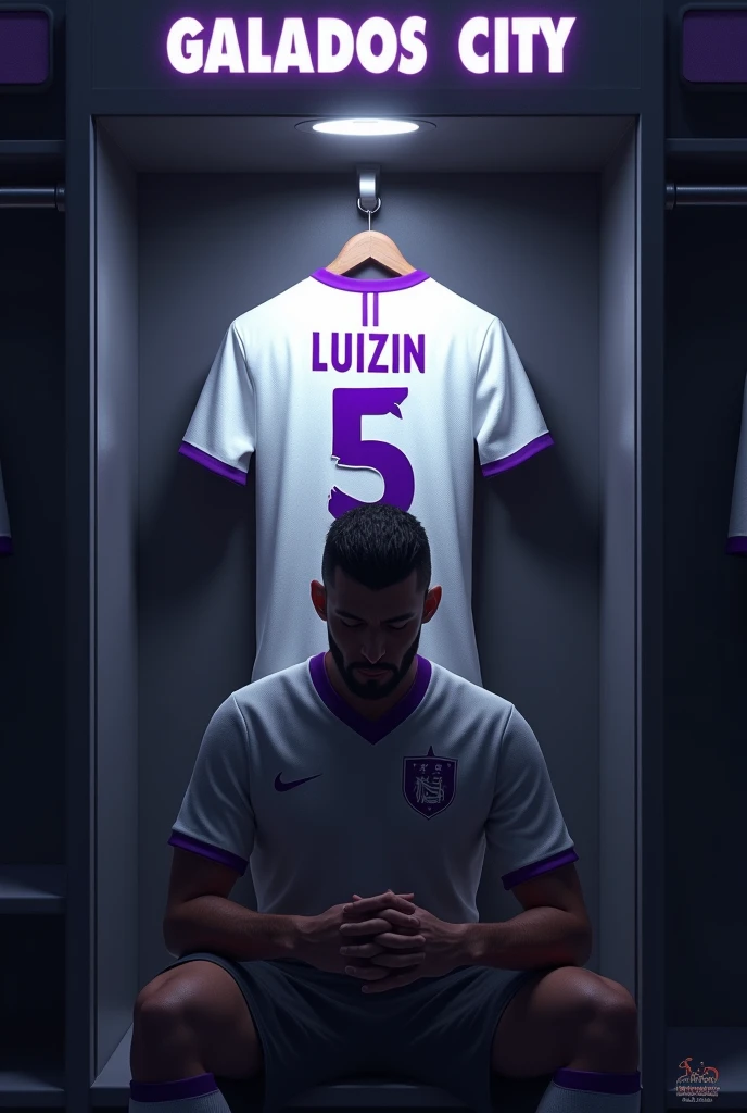 football locker room with a football player&#39;s cabin in this cabin there will be a white shirt with purple details (minimalists) on the collar and at the tip of the sleeve the shirt must be showing the back with the name LUIZIN highlighted and the shirt number must be number 5, the cabin at the top must contain the name of the club which is GALADOS CITY, all ambient light must be off, only the light of the sign with the name GALADOS CITY and a low light above the shirt indicating prominence must be on. (The image should be centered and not too far away) and the player with slightly dark skin, short straight black hair and a beard showing that he cares about the current fashion style must be wearing pre-game clothes different from the shirt that is hanging in the locker room, the one he is wearing is gray with purple details on the sleeve and collar of the shirt and on the shorts, the player in the image must be sitting facing forward with his head down (indicating pre-game concentration)