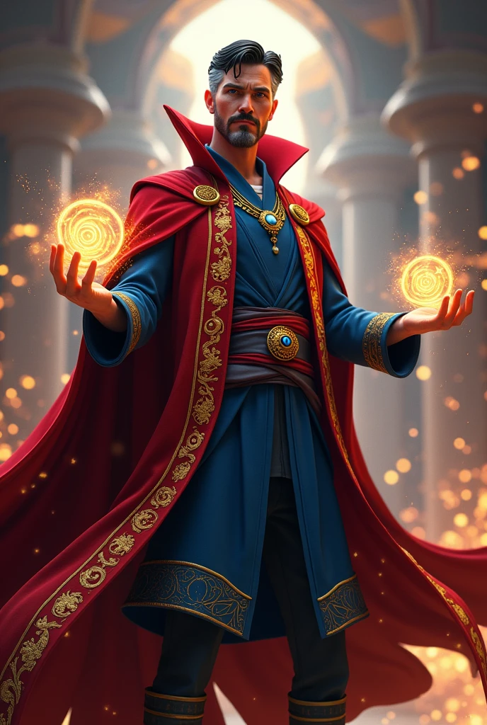 "An animated version of Doctor Strange standing in a mystical, glowing sanctuary filled with floating, ancient magical artifacts. He wears his iconic red Cloak of Levitation, which has intricate golden embroidery and flows dramatically behind him. His outfit is a deep blue tunic with a sash tied around his waist, adorned with the Eye of Agamotto hanging from his neck, glowing softly. His hands are in mid-motion, casting a spell with swirling, luminous energy circles forming around them. His expression is focused and determined, with his signature goatee and white streaks in his hair. The background features swirling magical runes and ethereal lights, adding to the mystical atmosphere."