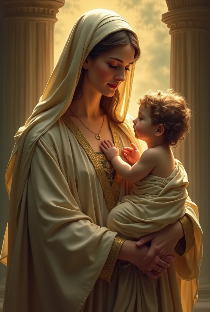((gorgeous and hyperrealistic style and image)) (Illustration) close up ((VIRGIN MARY OF CARMEL AND CHIL Jesu)) scene with timeless elegance. Adorned in flowing robes, she emanates serenity and holds the wisdom of ages. Bathed in a warm, soft light, she captivates hearts with her calming presence and symbolizes hope and protection. by JOAQUIN SOROLLA, THE  GRECO, Monet and william adolphe Bouguereau, Scary Creepy (Grisly) Ominous (Warm Tones) view of naturally gorgeo