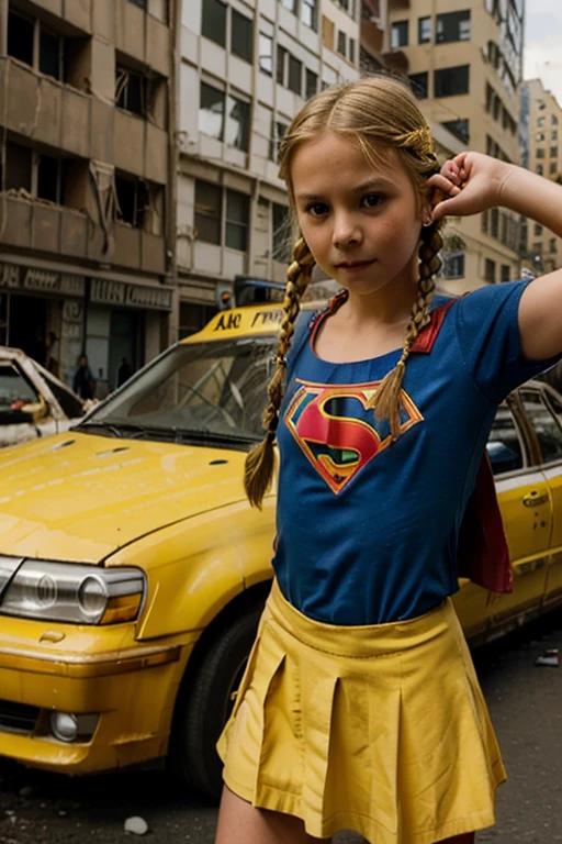 Eleven year old blonde girl with long braid dressed as supergirl lifting yellow taxi in destroyed city