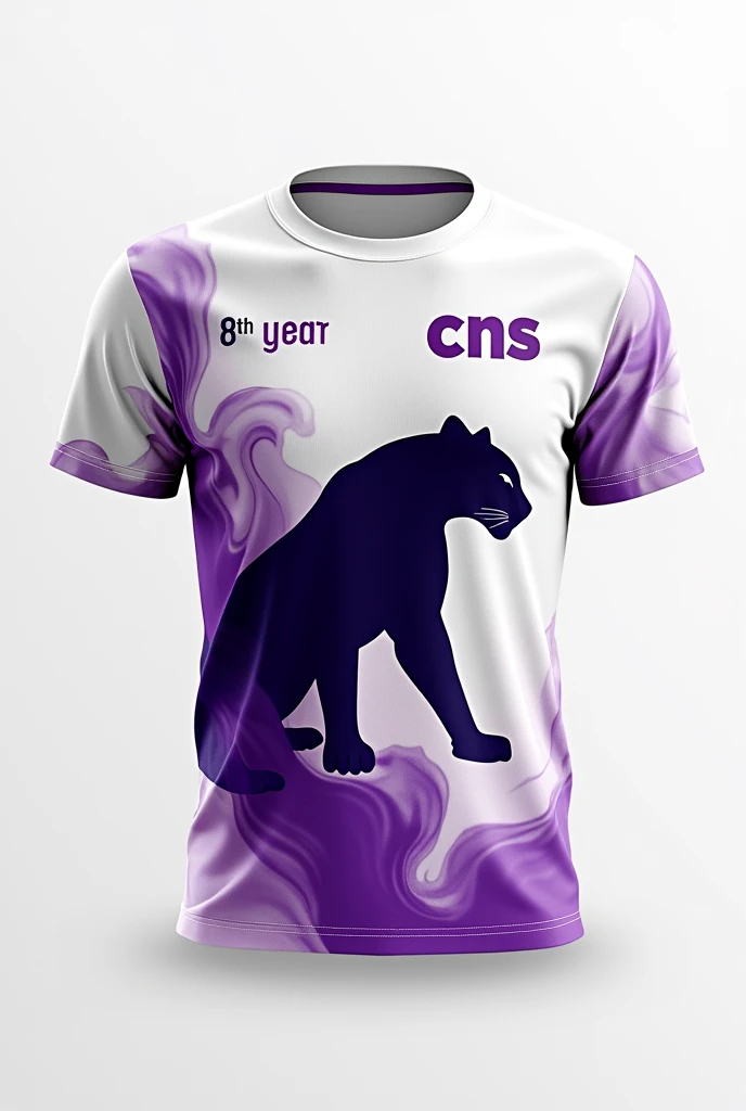 Shirt Design:**
**Shirt Front:**
- Cor: White - Details: Fumaça in purple envolvendo a parte inferior e os lados.
- Image: A stylized panther, centrally positioned, with a design that conveys strength and elegance.
- Text: Above the panther, in small, discreet font, include "8th year CNS" in purple.
**Back of the Shirt:**
- Cor: White - Details: Continuar com o tema de fumaça in purple, that can spread to the sides.
- Numbering: big fit ass, with a design that imitates a panther's tear. Choose a number that represents the person (For example, 21).
- Name: Below the numbering, put the person's name in a font that complements the design, também in purple