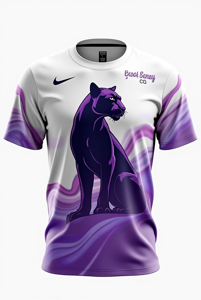 Shirt Design:**
**Shirt Front:**
- Cor: White - Details: Fumaça in purple envolvendo a parte inferior e os lados.
- Image: A stylized panther, centrally positioned, with a design that conveys strength and elegance.
- Text: Above the panther, in small, discreet font, include "8th year CNS" in purple.
**Back of the Shirt:**
- Cor: White - Details: Continuar com o tema de fumaça in purple, that can spread to the sides.
- Numbering: big fit ass, with a design that imitates a panther's tear. Choose a number that represents the person (For example, 21).
- Name: Below the numbering, put the person's name in a font that complements the design, também in purple