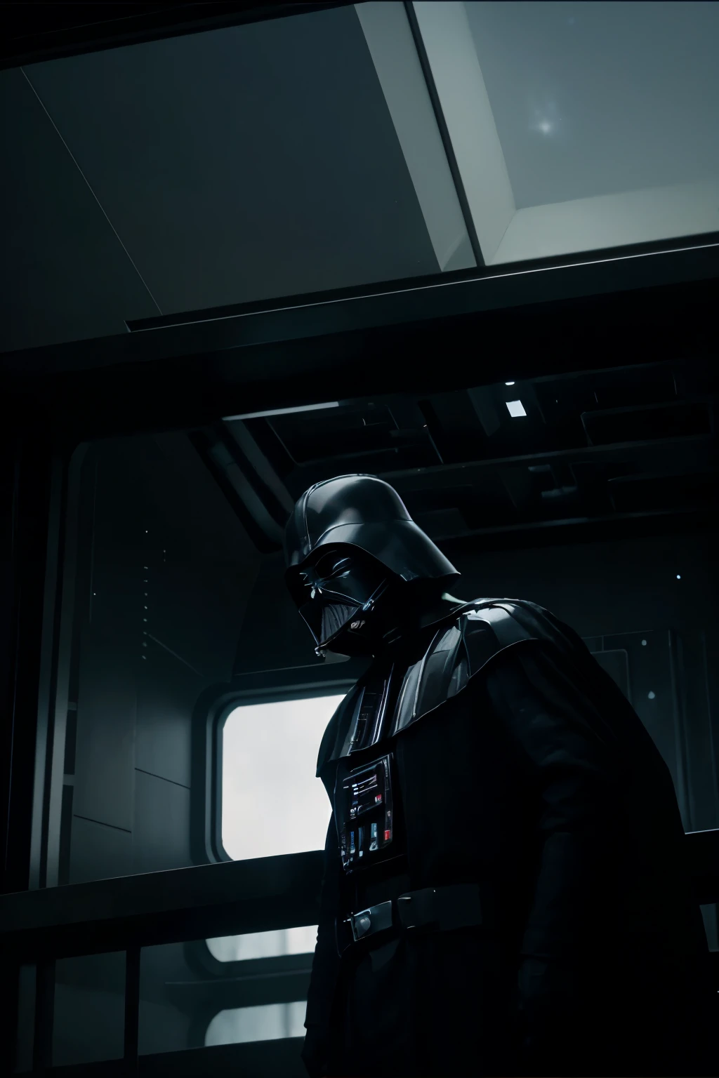 Darth Vader on the bridge of the death star. he faces directly toward us and holds both hands shoulder wide apart at waist level. He throws his head back as if howling in pleasure. A huge window behind him displays stars and blackness.