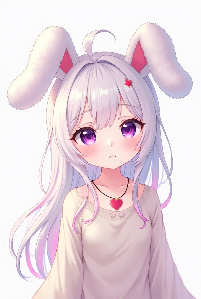 Light skinned anime girl, purple eyes, White hair updo with pink streaks, Long-sleeved clothing that fits loosely, a kawaii bunny hat and a heart necklace
