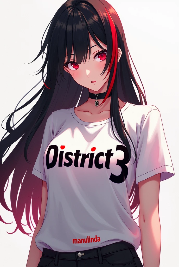 a female anime with long black hair, with red details, wearing a blouse that says district 3, and at the bottom it says manulinda