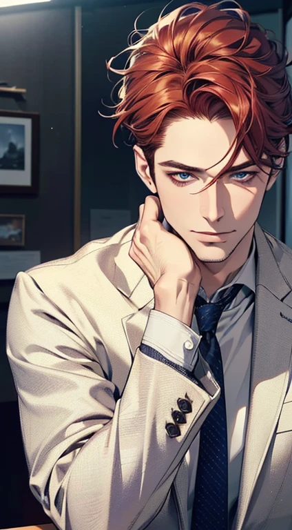 (best quality,4k,8k,highres,masterpiece:1.2),ultra-detailed,(realistic,photorealistic,photo-realistic:1.37),1 man,3,mature man,very handsome,without expression,smile,short grey red hair,blue eyes,penetrating gaze,perfect face without errors,imposing posture,businessman,office background,cinematic lighting,hdr image