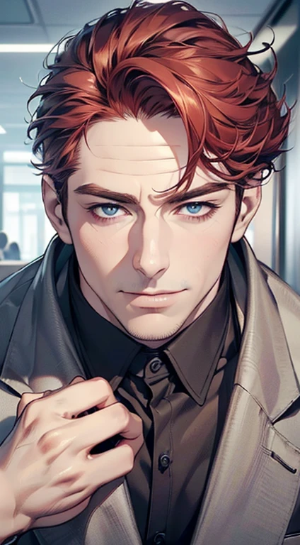 (best quality,4k,8k,highres,masterpiece:1.2),ultra-detailed,(realistic,photorealistic,photo-realistic:1.37),1 man,3,mature man,very handsome,without expression,smile,short grey red hair,blue eyes,penetrating gaze,perfect face without errors,imposing posture,businessman,office background,cinematic lighting,hdr image