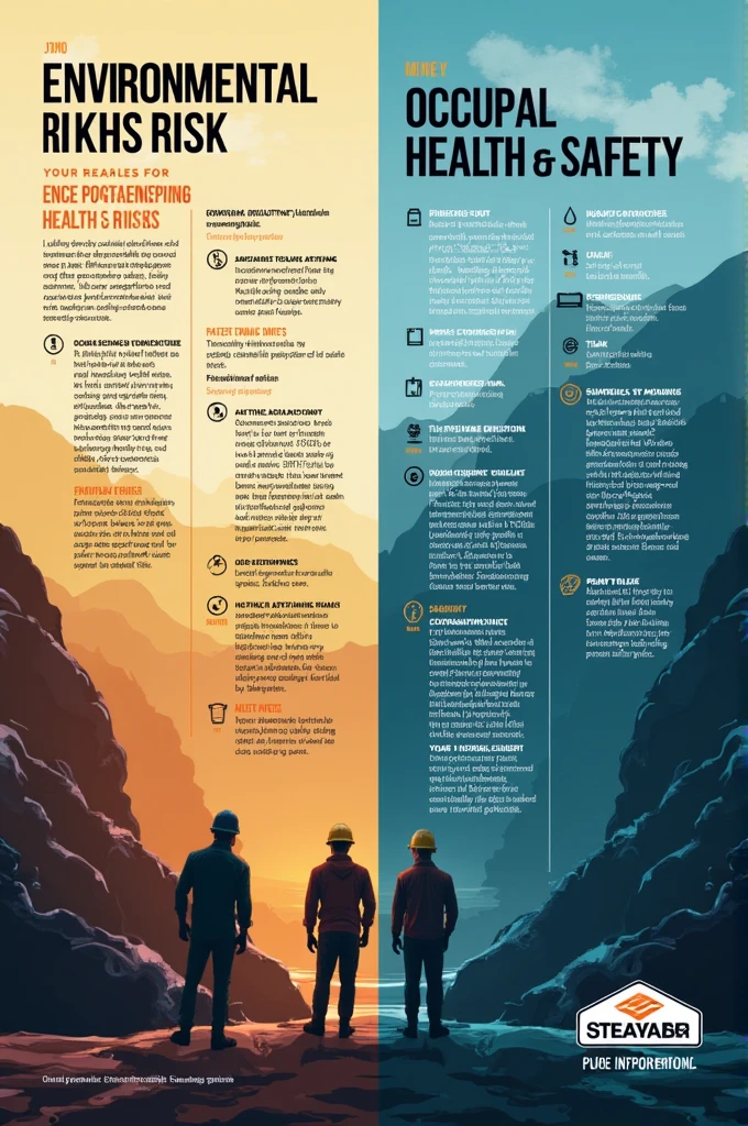 Clear, Here is an idea for a poster showing both environmental risk and occupational health and safety risk in a mining company.:

**Title: "Committed to Safe and Sustainable Mining"**

**design:**

1. **Division into Two Sections:**
   - **left:** Image of a mining landscape with an open-pit mine. Shows the pollution, dust and negative environmental impacts.
   - **right:** Image of mining workers in an underground or open-pit mine, using protective equipment and in a risky situation, as near heavy machinery.

2. **Texto en la Sección left (Environmental Risk):**
   - **header:** "Environmental Risks"
   - **Text body:** "Mining can have a significant impact on our environment. We are working to mitigate pollution and protect our natural resources."

3. **Texto en la Sección right (Health and Safety Risk):**
   - **header:** "security and health at work"
   - **Text body:** "The safety of our employees is a priority. We implement rigorous safety standards and offer ongoing training to prevent accidents and illnesses.."

4. **Poster Footer:**
   - **Message of Commitment:** "Our goal is responsible mining. Together we can protect the environment and ensure safety at work."
   - **Company logo:** [Includes the logo of the mining company]
   - **contact:** "For more information about our practices and commitments, Visit our website."

This poster should highlight specific risks and the importance of measures to mitigate them., while reinforcing the company&#39;s commitment to responsible practices.