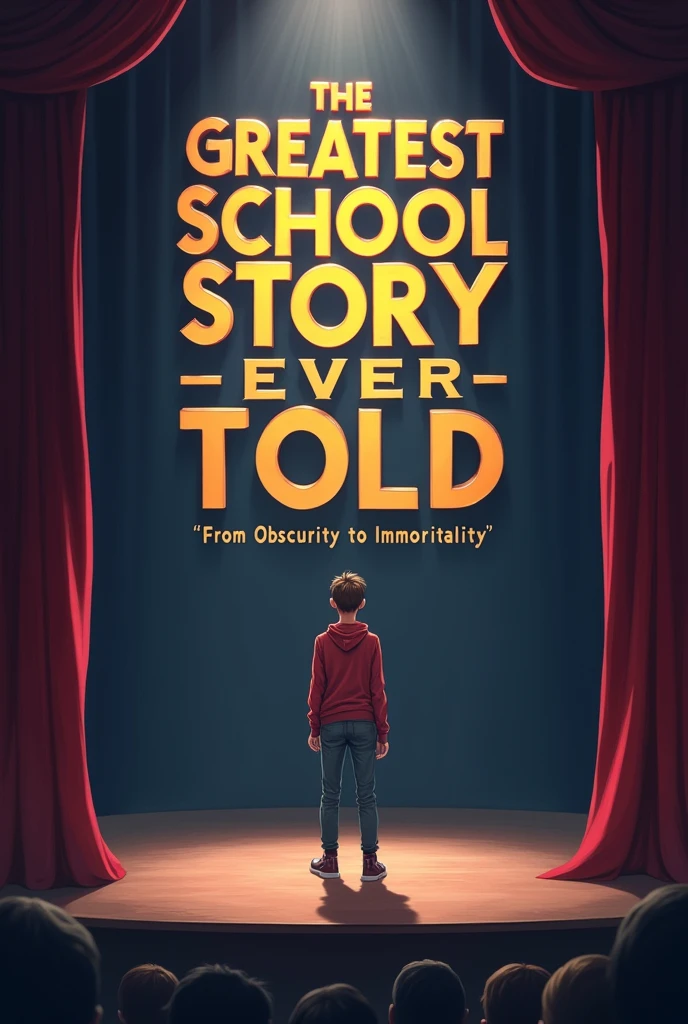 Teenager on an empty school stage and below on a stage as if he were presenting a show with the name above that says “the greatest school story ever told” and below “from obscurity to immortality”