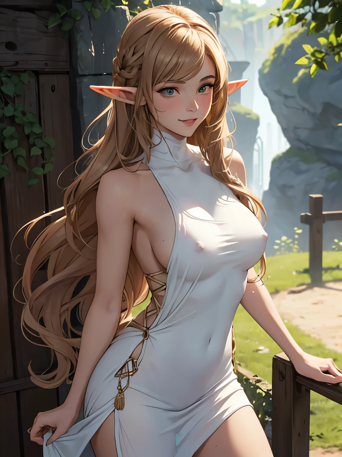 ((Medieval fantasy setting)). score_9, score_8_up, score_7_up, score_6_up. Echo is a 2 half-elf. She has light brown skin. Thick light chestnut hair with caramel highlights and soft waves. Brown eyes with green hues. Her beautiful face is oval with soft features and pronounced cheekbones. She has full and attractive lips with a natural blush. A slight scar over her right eyebrow. Her ears are small like a human's but pointed like an elf's. Her physique is athletic and slim, she toned and flexible. She has a round and elastic body shapes. Secret Masturbation: 1 elf girl masturbates at a public holiday in broad daylight. Background: Fair, broad daylight. The people behind Echo are busy with their own affairs. The stage is in a remote part of the fair. Clothing: A white-transparent light sundress worn over a naked body without underwear. Thin straps, open shoulders. With loose hair. Her nipples are firm, clearly protruding through the thin fabric. Pose: Echo stands with her back to the crowd, one hand lifting her dress, exposing her thighs. The other hand she uses to masturbate. Her face is slightly turned, an excited smile plays on her lips, her eyes are half-closed. Camera: Front-bottom, angled to show details of the process. Tags: (secret masturbation, standing, orgasm, spied-on, covered nipples, penetration, vaginal insertion, intense masturbation, deep insertion, creamy discharge, (Medieval))