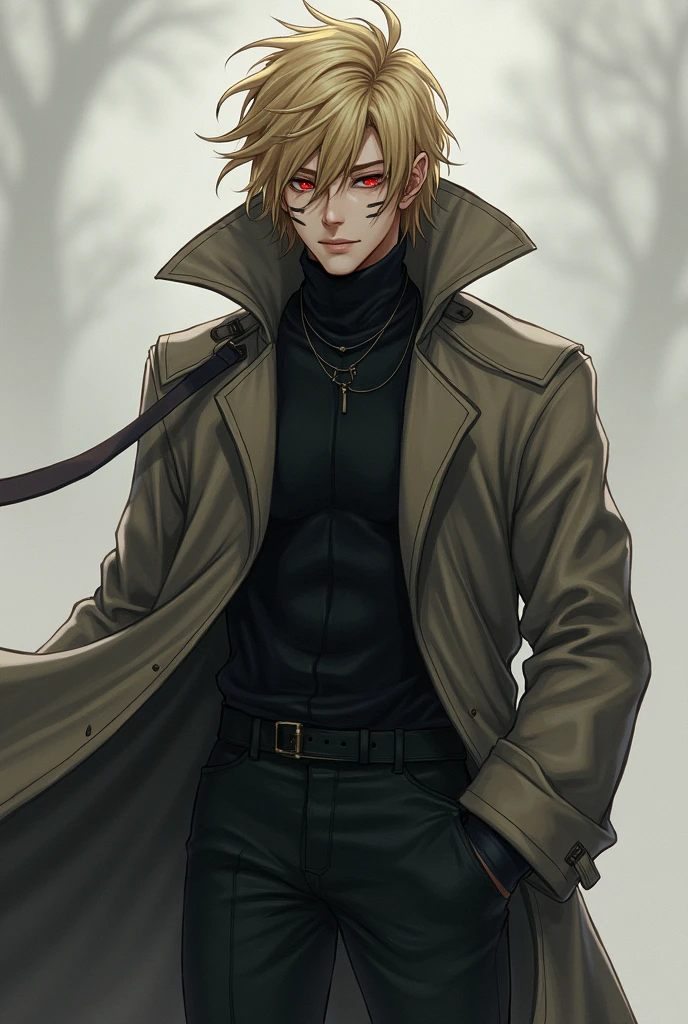 un joinen de 22 años sumamente hermoso de pelo rubio alborotado y tirada leinemente para atrás, bright red eyes like rubies with slanted pupils, In addition to having three whisker marks on each of his cheeks, measuring 2,30 and with a sharp and well-marked face. , along with a muscular build, definida y de hombros anchos que pertenecía a alguien de edad mas ainanzada y que dejaría a muchos Shinobis eninidiosos, having a body made for battle and enduring fatigue, No matter how brutal it is. Wearing a closed trench coat with a hood, hiding the rest of his clothes, except for his shoes, These being black boots.
in