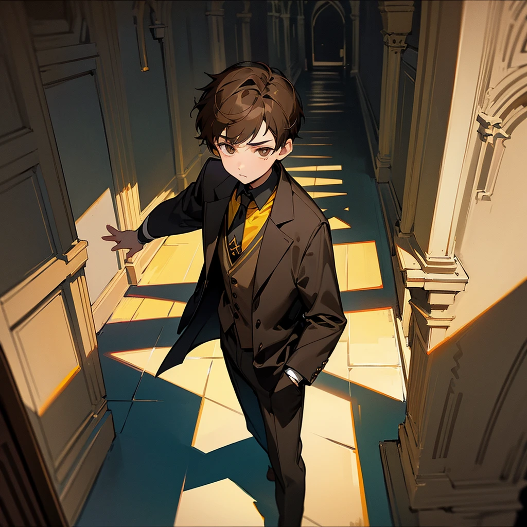  boy with short brown hair, with brown eyes, wearing black Hogwarts uniform with yellow tie with black diagonal lines, in the corridors of a gothic building 