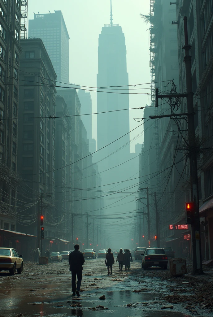 Imagine a big city, but completely abandoned, plunged into an oppressive silence. the streets, once vibrant and full of life, now they are deserted, covered by a layer of dust and dead leaves that the wind occasionally lifts, creating whirlpools that disappear as quickly as they appear. 

The tall buildings, that were once icons of modernity, are deteriorated, with broken windows and facades stained by time. Neon Signs, once brilliant, now blink weakly or remain off, as witnesses of a life gone by. 

Old cars are parked haphazardly on the streets, some with open doors, others with shattered glass, as if people had suddenly fled. At one of the intersections, a traffic light still works, changing its colors for a non-existent audience.

The sidewalks, previously full of pedestrians, are empty, except for a few open suitcases, its contents scattered across the floor, suggesting a hasty evacuation. Shops with broken windows show looted interiors, with fallen mannequins and merchandise scattered on the floor. 

in the center of the city, a square with a large fountain, now dry and cracked, is surrounded by rotting wooden benches and dead trees. The statue in the middle of the square, corroded by time, observes everything impassively, as if it kept the secrets of what happened there.

The air is still, heavy with the smell of rust, dust and something indefinable, a mixture of decay and abandonment. The only sound is the wind, that whistles between buildings and makes doors creak, giving the feeling that something or someone could emerge at any moment from the deep shadows that gather in the alleys and corners. The whole city seems to be waiting, suspended in an endless moment, as if time had stopped and she was on the brink of something terrible.