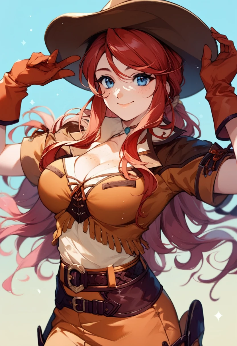 score_9, score_8_up, score_7_up, very aesthetic, source_anime, detailed, high quality, beautiful, masterpiece, detailed eyes,
Simple background, blurry background,
cowboy shot, upper body, smile, mouth closed,
gemini sunrise, red hair, long hair, blue eyes, freckles, sidelocks, big breasts, cleavage
belt, thigh strap, cowboy hat, cowboy boots, fringe trim, gloves, miniskirt, zPDXL
