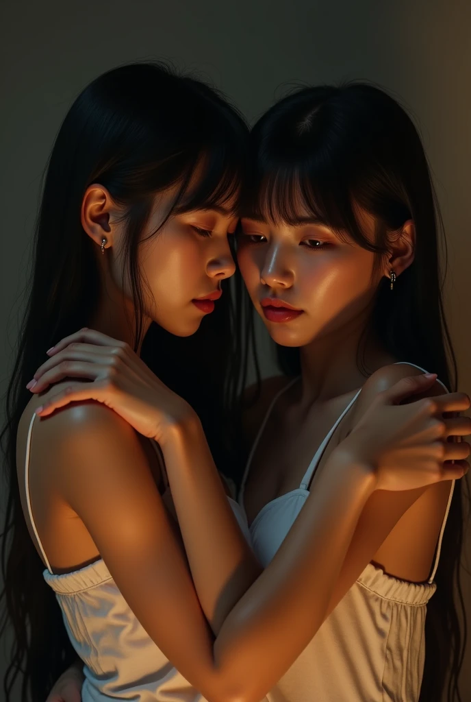 Identical twin sisters, , bangs, Crying face, Hug from behind。Accurate anatomy、(8k、uhd、Live Shooting、Highest quality、masterpiece:1.2)、Super detailed、Super Resolution、(Hyper Reality、)Super detailed、Super Resolution、(Real、Actual Photos:1.47)、(They are hugging each other.)Leaning closer、(Fantastic lighting)Hug me、Cinema lighting、White skin、Fair-skinned female proofreading、ultra HD、Stylish lighting、Beautiful female proofreader reflecting light、Amazing details、Highly detailed beautiful、Highly detailed face、Highly detailed eyes、Extremely realistic skin、 Highly detailed fingers, Highly detailed nose, Highly detailed mouth,