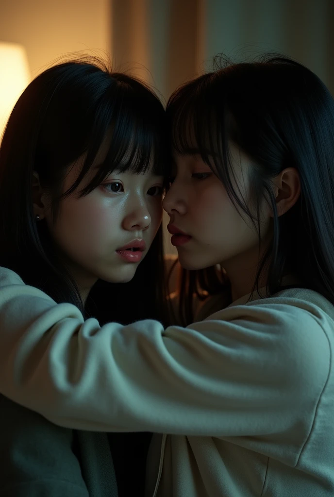Identical twin sisters, , bangs, Crying face, Hug from behind。Accurate anatomy、(8k、uhd、Live Shooting、Highest quality、masterpiece:1.2)、Super detailed、Super Resolution、(Hyper Reality、)Super detailed、Super Resolution、(Real、Actual Photos:1.47)、（They are hugging each other.）Leaning closer、（Fantastic lighting）Hug me、Cinema lighting、White skin、Fair-skinned female proofreading、ultra HD、Stylish lighting、Beautiful female proofreader reflecting light、Amazing details、Highly detailed beautiful、Highly detailed face、Highly detailed eyes、Extremely realistic skin、 Highly detailed fingers, Highly detailed nose, Highly detailed mouth,

