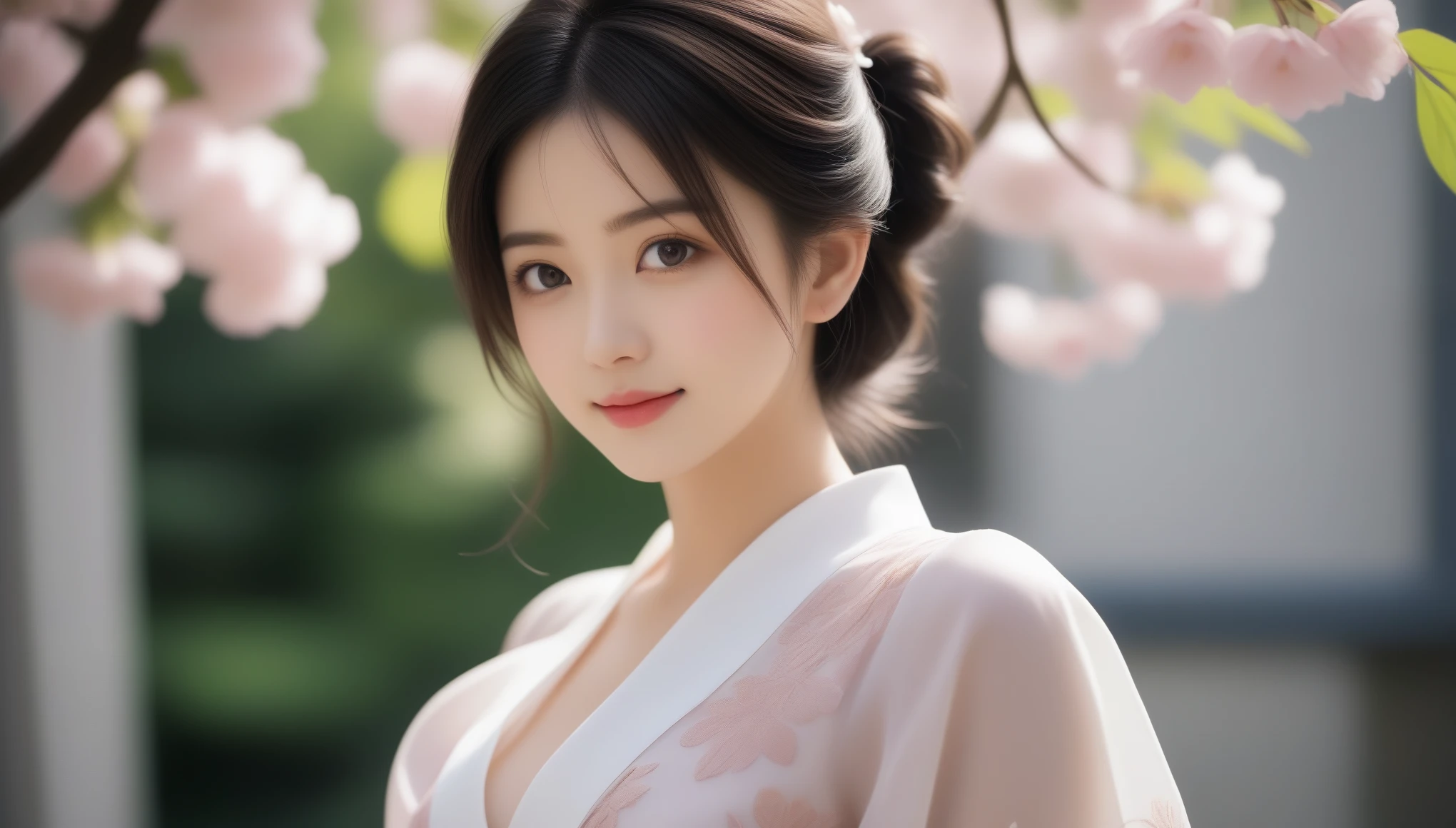 8k, Ultra-high resolution, Highest quality, masterpiece, 三分割法によるphotograph,Surreal, photograph, 1 , (:1.3), cute, cute顔, 細部までBeautiful Eyes, 細かくdetailedに,masterpiece,One Girl:1.2,Japanese women,Young Wife,cowboy shot,smile,Black Short hair,Messy bun hair,(Elegant Chiffon Dress:1.3),Elegant,Botanical pattern,Mid-calf length, 3/4 sleeves,Generous texture,Flared silhouette,Urban background,woman leaning on a tree,Soft sunlight,(Beautiful attention to detail),Subtle details, detailedな顔, smile,attractive,(ポートレートphotograph:1.4),(Photorealistic images:1.4),Fantasy art,(Beautiful Face:1.4),美しくattractive目、Beautiful Eyes、(Tight waist:1.4)、(Beautiful with perfect body proportions:1.4),Pink Lips,Looking at the audience,(((Ideal body type))),A-cup small breasts :2,、Portraiture:2、Perfect Anatomy、鮮明なdetailed、detailed,Fashion magazine cover,Thin lips,完璧でBeautiful Face ,完璧でcute顔, Skin with attention to detail, Perfect limbs、Narrow waist,Surreal,Light and shadow,dappled sunlight