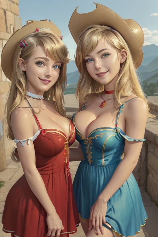 (masterpiece, The best quality:1.2), cowboy shot, only, 1girl, mlpapplejack, They are smiling, looking at the viewer, Long and low hair, Nice smile,Vestido de evening elegante, low-cut dress, big breasts, heels , sombrero, in castle, evening