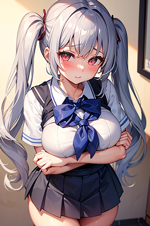 Kizi, breastsout, twintails, silver hair, sexy school uniform, blush, looking ahead at viewer