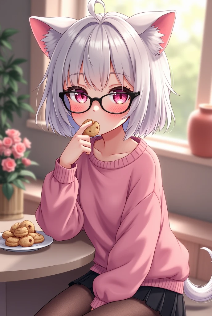 that she has a shy face that she has white hair, cat ears, black glasses, pink eyes, a super blushed pink sweatshirt, a low skirt, black shorts, black mesh stockings that she is a super reserved girl sitting eating cookies