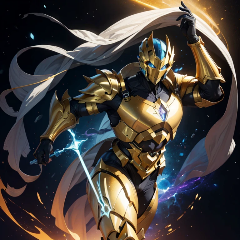 É homem. The image presents a highly detailed and futuristic armor designed for a male warrior. The armor combines elements from different parts to create a cohesive and powerful look.

Helmet: The helmet features a sleek, aerodynamic design with a golden metallic finish. It has a central crest that rises upwards, and the visor glows with a bright blue light, giving it a high-tech, futuristic appearance.

Pauldrons (Shoulder Pads): The shoulder pads are large and wing-like, curving outward and upward, with a polished golden finish. These pads extend slightly beyond the shoulders and include a sleek, angular design, providing both a majestic and powerful look.

Chest Plate: The chest plate is intricately segmented, with a combination of gold and dark metallic blue. It has a gem-like crystal in the center that emits a soft, mystical glow. The design of the chest plate is both protective and regal, with sharp, angular lines that add to the overall futuristic aesthetic.

Arm Guards: The arm guards are sleek and streamlined, with articulated golden and purple segments that offer flexibility and protection. The design of the gauntlets is both robust and elegant, incorporating futuristic elements that blend with the classic style.

Leg Armor: The legs are armored with segmented plates that are primarily gold and purple. The boots are angular and sturdy, with a design that conveys both strength and agility. The overall look of the leg armor is grounded yet sleek, completing the ensemble with a powerful stance.

The background of the image is a dark cosmic scene, filled with distant stars and nebulae that highlight the polished surfaces of the armor. Dynamic lighting is used to emphasize the key features, particularly the glowing visor and central chest gem, reinforcing the mystical and imposing nature of the warrior.