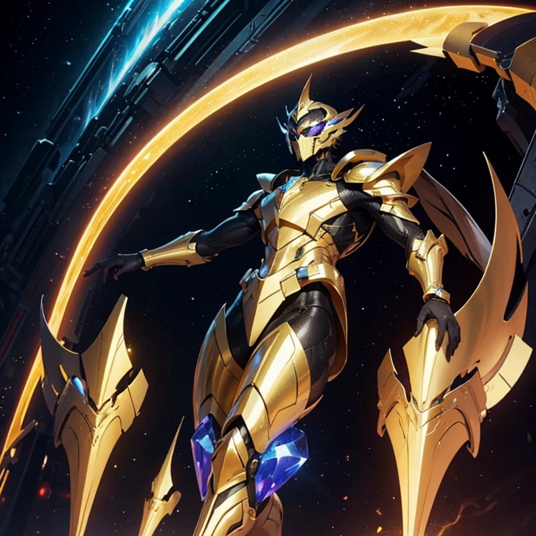 É homem. The image presents a highly detailed and futuristic armor designed for a male warrior. The armor combines elements from different parts to create a cohesive and powerful look.
Helmet: The helmet features a sleek, aerodynamic design with a golden metallic finish. It has a central crest that rises upwards, and the visor glows with a bright blue light, giving it a high-tech, futuristic appearance.
Pauldrons (Shoulder Pads): The shoulder pads are large and wing-like, curving outward and upward, with a polished golden finish. These pads extend slightly beyond the shoulders and include a sleek, angular design, providing both a majestic and powerful look.
Chest Plate: The chest plate is intricately segmented, with a combination of gold and dark metallic blue. It has a gem-like crystal in the center that emits a soft, mystical glow. The design of the chest plate is both protective and regal, with sharp, angular lines that add to the overall futuristic aesthetic.
Arm Guards: The arm guards are sleek and streamlined, with articulated golden and purple segments that offer flexibility and protection. The design of the gauntlets is both robust and elegant, incorporating futuristic elements that blend with the classic style.
Leg Armor: The legs are armored with segmented plates that are primarily gold and purple. The boots are angular and sturdy, with a design that conveys both strength and agility. The overall look of the leg armor is grounded yet sleek, completing the ensemble with a powerful stance.
The background of the image is a dark cosmic scene, filled with distant stars and nebulae that highlight the polished surfaces of the armor. Dynamic lighting is used to emphasize the key features, particularly the glowing visor and central chest gem, reinforcing the mystical and imposing nature of the warrior.