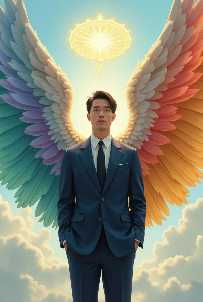 Japanese businessman with six angel wings, each with a different color coming from different parts of his back。There is a golden halo above your head。In the background there is a heavenly landscape with soft lights and clouds、Painted in portrait style。