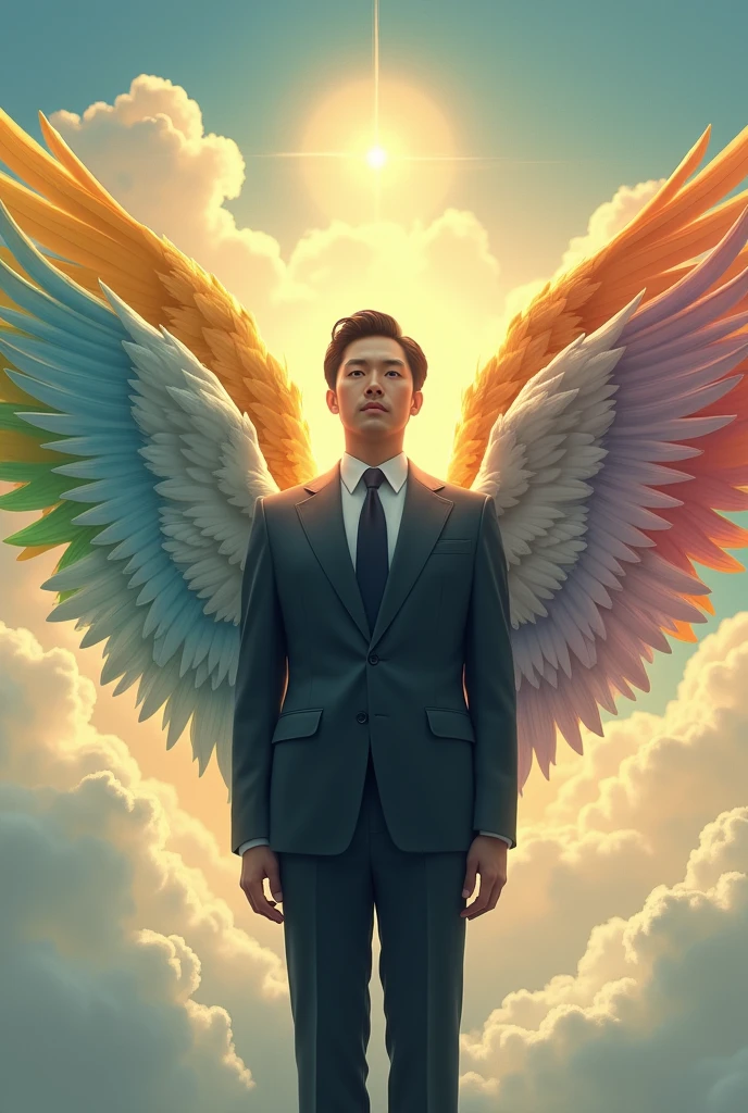 Japanese businessman with six angel wings, each with a different color coming from different parts of his back。There is a golden halo above your head。In the background there is a heavenly landscape with soft lights and clouds、Painted in portrait style。