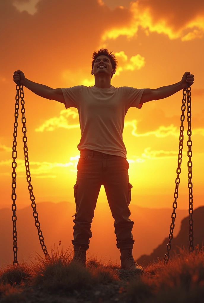 young man at sunset, open both arms with chains on his arms He felt free from the handcuffs tied to his arms