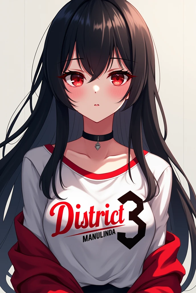 a female anime with long black hair, with red details, wearing a blouse that says district 3, and below district 3, write manulinda