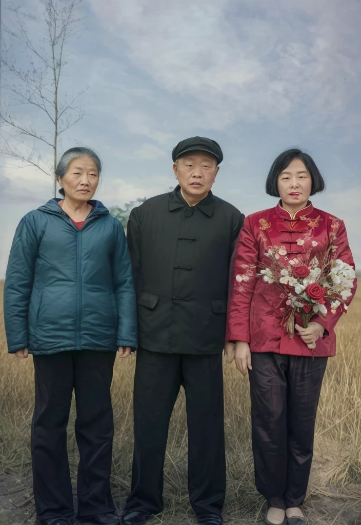 A group photo of three Chinese people, the middle is a 6 grandfather, wearing a black Mao suit, a 20-year-old girl in red clothes with red flowers on the edge, and a 60-year-old grandmother in dark blue, high definition photography, super resolution