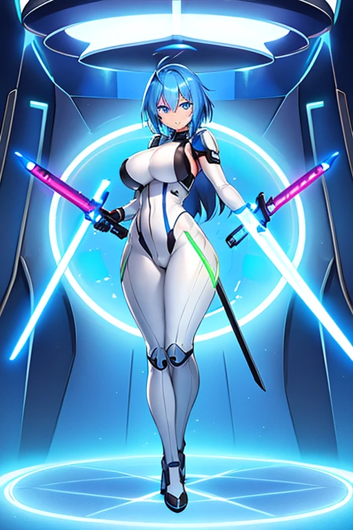 1girl, blue hair, very short hait, blue eyes, light skin, light-skinned female, hourglass figure, large breasts, lightsaber, sword, standing, full body, ((full_body)), pilot suit, bodysuit, white bodysuit, neon, neon trim, neon light, machinery, futuristic, smile, science-fiction, tech,