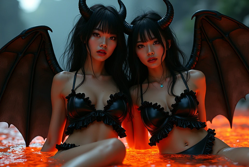 Professional , ​masterpiece、top-quality、photos realistic , depth of fields 、maikurobikini、（Micro Bikini Armor)、Mystical expression、（cleavage of the breast）、Jewel Gold Weapon、Particles of light),Huge arsenal of gorgeous gold ,（（ Dragon Protector （realisticlying：1.4），）） , （demonic wings）   ,warhammer 40k 、（（A dark-haired））、（demonic wings）、20 years girl、（（Gangle's forest background））、Beautiful Caucasian beauty、１a person、dynamic ungle,(((Two devil's horns on the head)))、Smaller head、Idle Smile、Thin and beautiful female hands、cleavage of the breast、Mystical expression、Light Effects、intense fighting、Wind-effect、magic circles、Dragon's tail、knee、Toostock、red tattoo、Anatomically correct body、