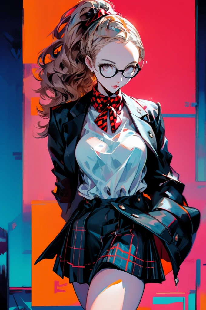 in the art style of persona5, (masterpiece:1.2, highest quality), (Realistic, photoRealistic:1.4), Beautiful illustrations, (Natural Side Lighting, Cinema Lighting), Written boundary depth, Beautiful thighs staring at the viewer, 1 female, 30-year-old, alone, thin, slender, (gigantic breasts), Messy hair, High ponytail, Forehead, Forehead, Forehead, Forehead, thin, slender, glasses, White blouse with formal collar, Blue Blazer, Red Check Skirt, Red checkered ribbon on blouse, Are standing, (((glasses))), portrait