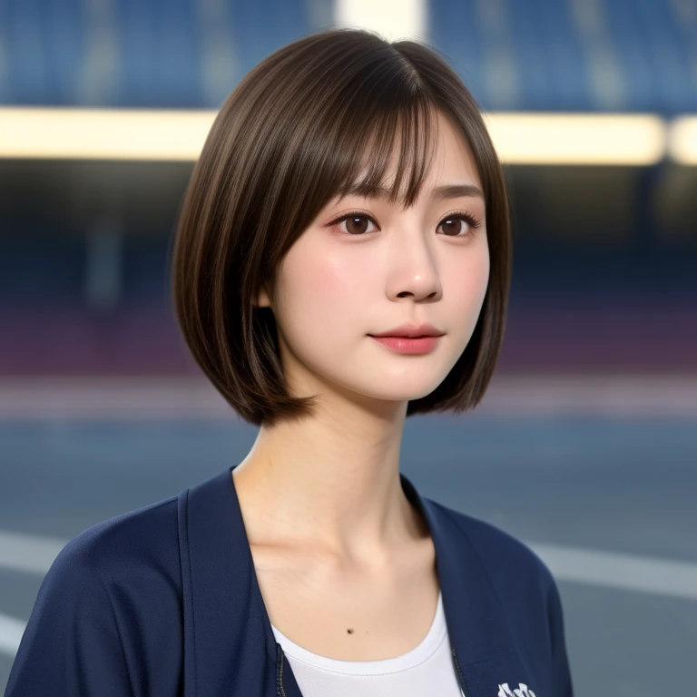 (kawaii 24 year-old Japanese girl, Nogizaka idol, Korean idol), healthy female athlete body, (glossy brown hair, short hair, pixie cut, bangs:1.3), (rounded face, beautiful black eyes, single eyelid, no makeup:1.2), (looking at away, empty eyes, sigh:1.5), (wearing light blue track jacket, sweat jogger pants:1.3), perfect shaped extra small breasts, BREAK, (track and field stadium background), (dynamic angle, bust shot:1.2), BREAK, (masterpiece, best quality, photo realistic, official art:1.4), (UHD, 8K quality wallpaper, high resolution, raw photo, golden ratio:1.3), (shiny skin), professional lighting, physically based rendering, award winning, (highly detailed skin, extremely detailed face and eyes), Carl Zeiss 85 mm F/1.4, depth of field, 1girl, solo,
