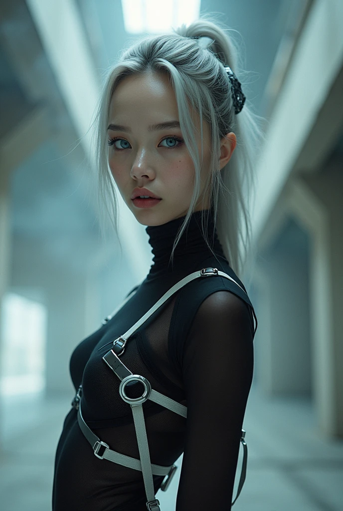 (nsfw:1.2), masterpiece, Best Quality, Realistic, A mysterious and sophisticated young woman with blue eyes wears futuristic and sexy fashion art. Detailed clothing, beautiful sexy Japanese woman is climbing at a wide angle, with her full body in frame. Her outfit includes see-through BLACK gear with multiple elastic white harnesses designed underneath, adding a minimalist beauty. She accessorizes with futuristic accessories and wears technical sneakers. Her demeanor exudes harmony and striking simplicity, The wear hugs her body tightly, accentuating her curves and digging sensuously into her skin, hyper small head and face, wide and big Duck mouth, half open mouth, perfectly aligned teeth, perfect beautiful teeth, light blue eyes, half open eyes, shiny Droopy eyes, gray hair, looking other, She is situated within the interior of a futuristic colony, with mist drifting and steam rising from concrete
