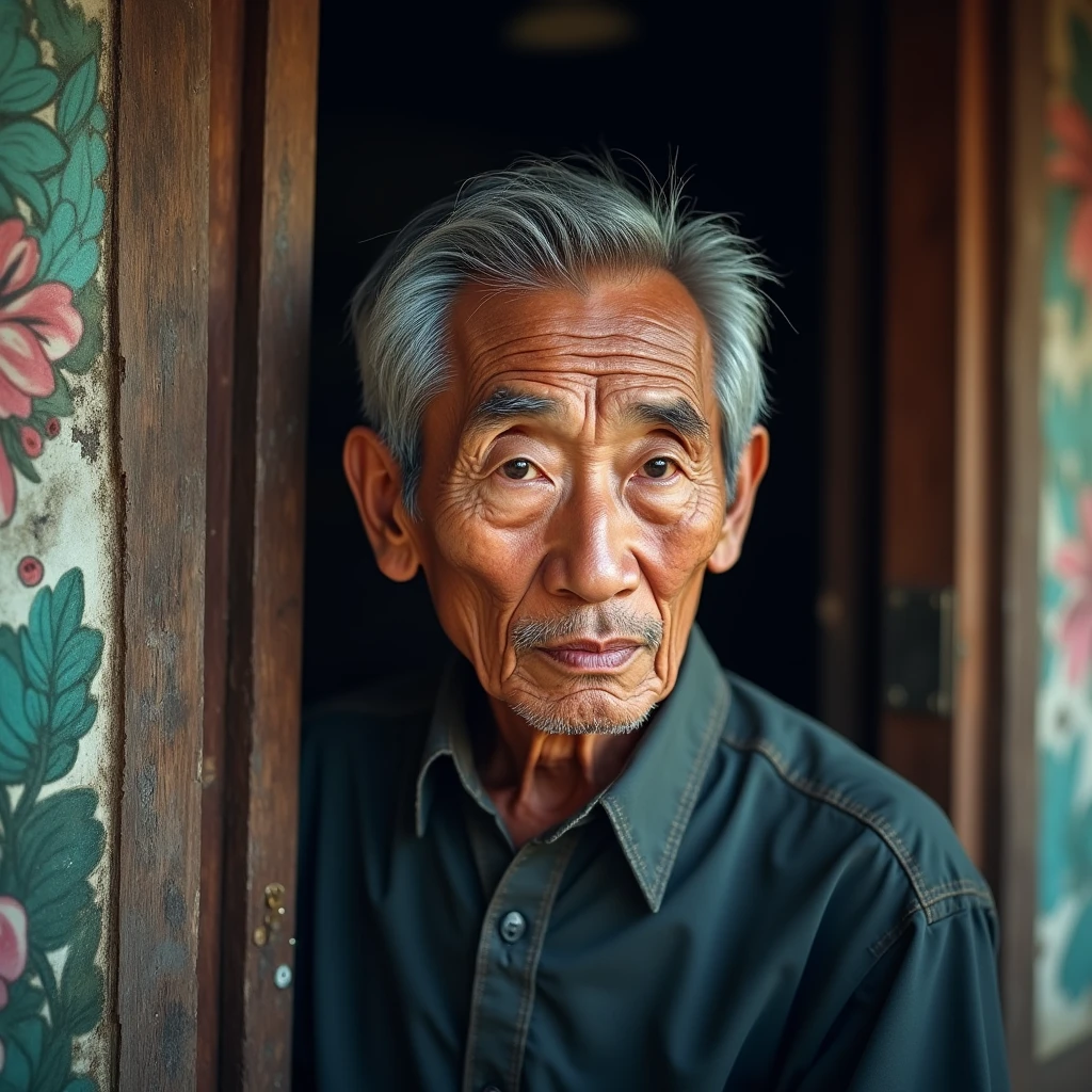 Asian old man, looking directly at the camera, not at the center, clear facial features, bright colors, light particles, with bright light, Mushhiv, wallpaper art, UHD wallpapers, vivid atmosphere, near an old house , village