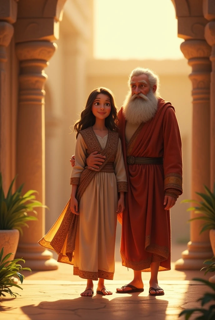Woman with her Israelite son introducing him to an elderly priest no glasses animated pixar