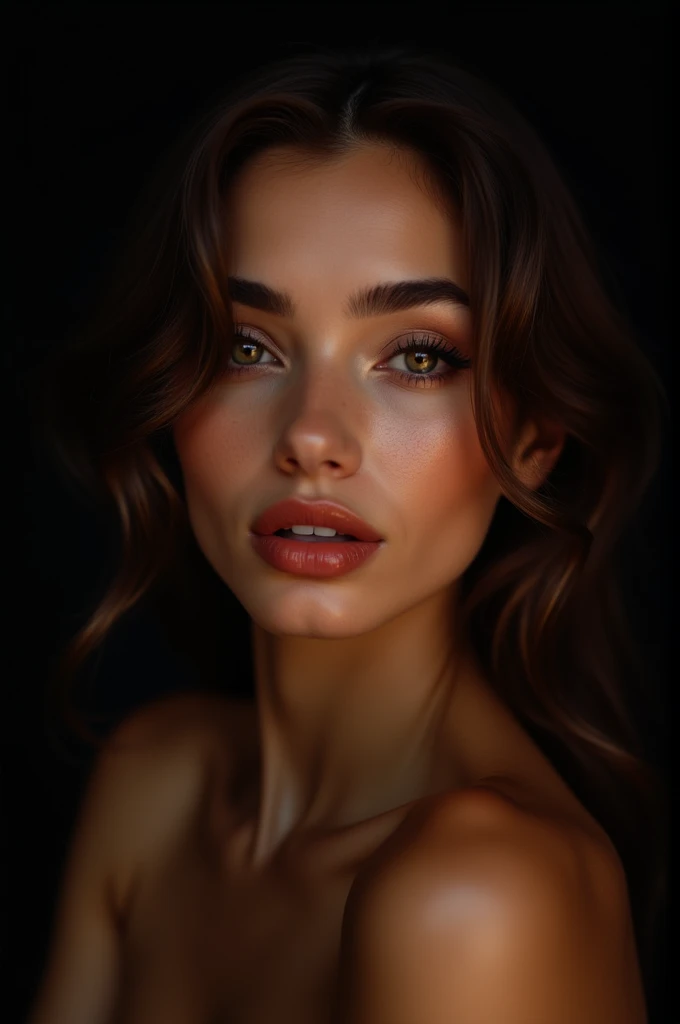 garota jovem , sexly , brownhair , full mouth , brown skin , fundo da imagem preto