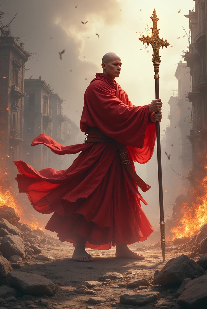 Strong young adult monk in red clothes fighting for his country. He has a holy staff and is finishing off all enemies, the climate is one of chaos and destruction