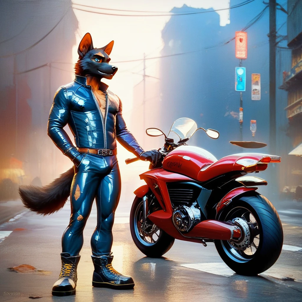 Wolf wearing a motogp racing 1-piece suit. Standing on public, masturbate. Real erect dick shaft. Cumshot, lightning reflections