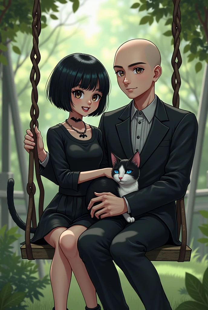 A young girl with a black and white cat dressed in black, short black hair with a bat tattoo on her neck sitting on a swing in a backyard next to a handsome young bald man with another black and white cat on his lap