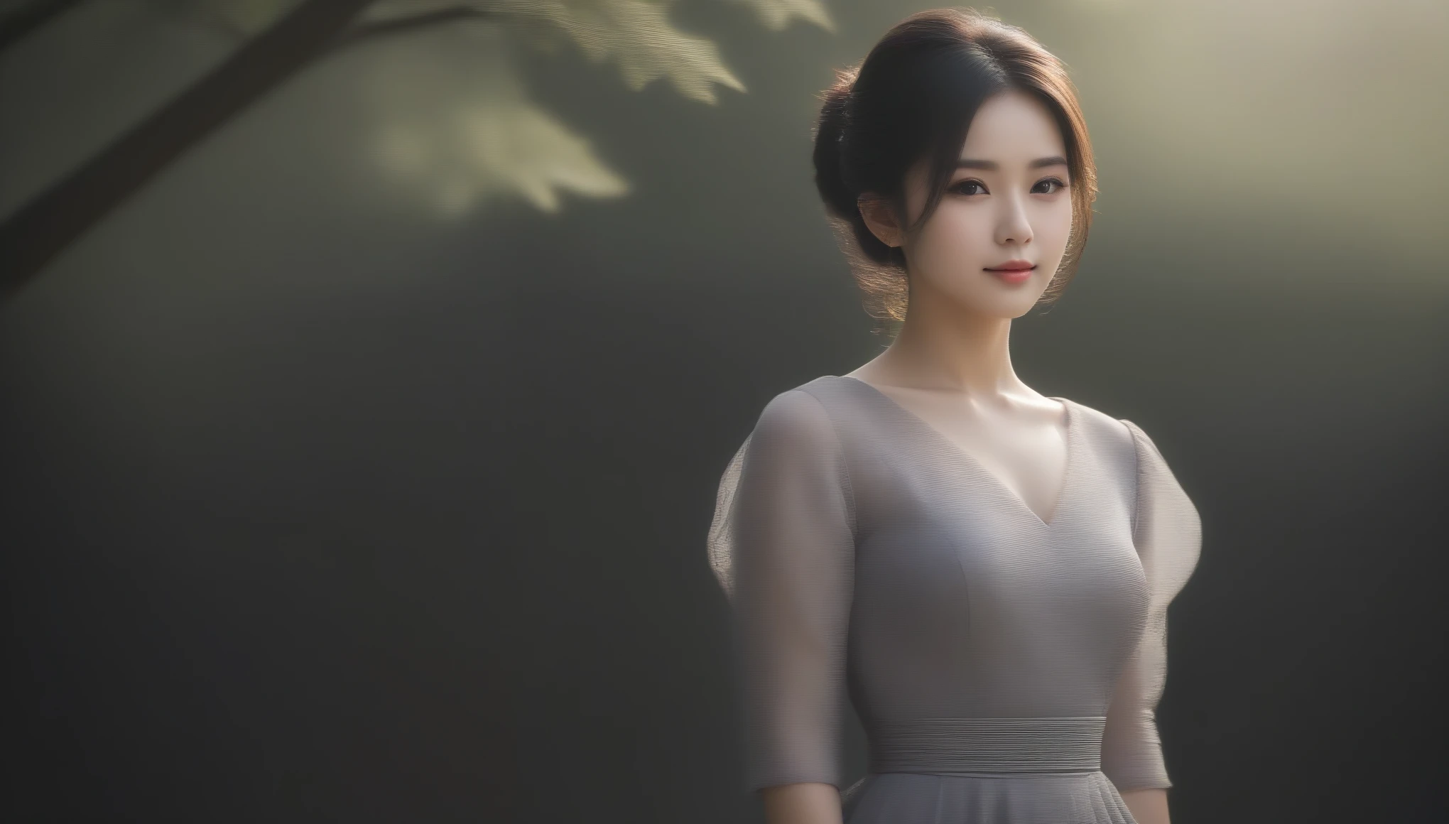 8k, Ultra-high resolution, Highest quality, masterpiece, 三分割法によるphotograph,Surreal, photograph, 1 , (:1.3), cute, cute顔, 細部までBeautiful Eyes, 細かくdetailedに,masterpiece,One Girl:1.2,Japanese women,Young Wife,cowboy shot,smile,Black Short hair,Messy bun hair,(Elegant Chiffon Dress:1.3),Elegant,Botanical pattern,Mid-calf length, 3/4 sleeves,Generous texture,Flared silhouette,Urban background,woman leaning on a tree,Soft sunlight,(Beautiful attention to detail),Subtle details, detailedな顔, smile,attractive,(ポートレートphotograph:1.4),(Photorealistic images:1.4),Fantasy art,(Beautiful Face:1.4),美しくattractive目、Beautiful Eyes、(Tight waist:1.4)、(Beautiful with perfect body proportions:1.4),Pink Lips,Looking at the audience,(((Ideal body type))),A-cup small breasts :2,、Portraiture:2、Perfect Anatomy、鮮明なdetailed、detailed,Fashion magazine cover,Thin lips,完璧でBeautiful Face ,完璧でcute顔, Skin with attention to detail, Perfect limbs、Narrow waist,Surreal,Light and shadow,dappled sunlight