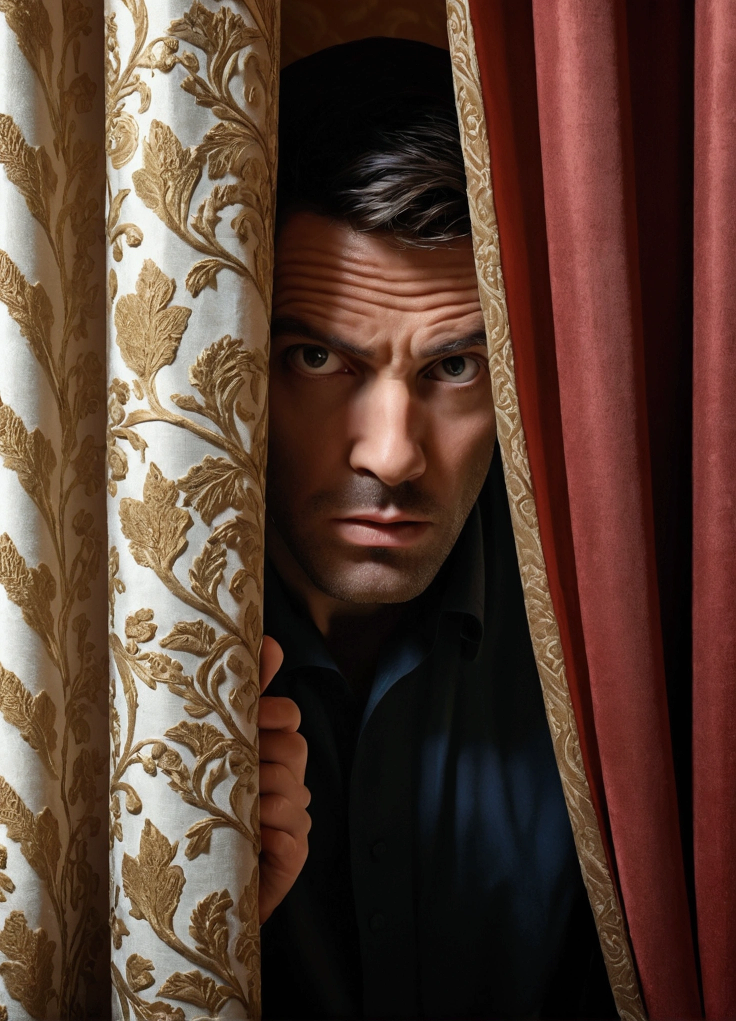 A photorealistic image of an intruder hiding behind a curtain, with a focus on the intricate details of the scene.