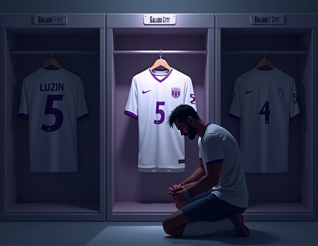 football locker room with a football player's cabin in this cabin there will be a white shirt with purple details (minimalists) on the collar and at the tip of the sleeve the shirt must be showing the back with the name LUIZIN highlighted and the shirt number must be number 5, the cabin at the top must contain the name of the club which is GALADOS CITY, all ambient light must be off, only the light of the sign with the name GALADOS CITY and a low light above the shirt indicating prominence must be on. (The image should be centered and not too far away) and the player with slightly dark skin, short black hair with a gradient and a beard showing that he cares about the current fashion style must be wearing pre-game clothes different from the shirt that is hanging in the locker room, the one he is wearing is gray with purple details on the sleeve and collar of the shirt and on the shorts, the player in the image must be tying his shoes and concentrating (indicating pre-game concentration) ( only the silhouette of the player kneeling with his back turned looking at the shirt should appear, as if he was admiring his own shirt)