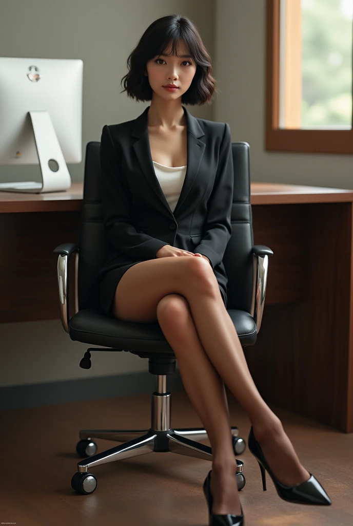 Office, beauty sitting a japanese woman in chair, short hair, beautiful legs, high heels, brown pantyhose, mini skirt suit