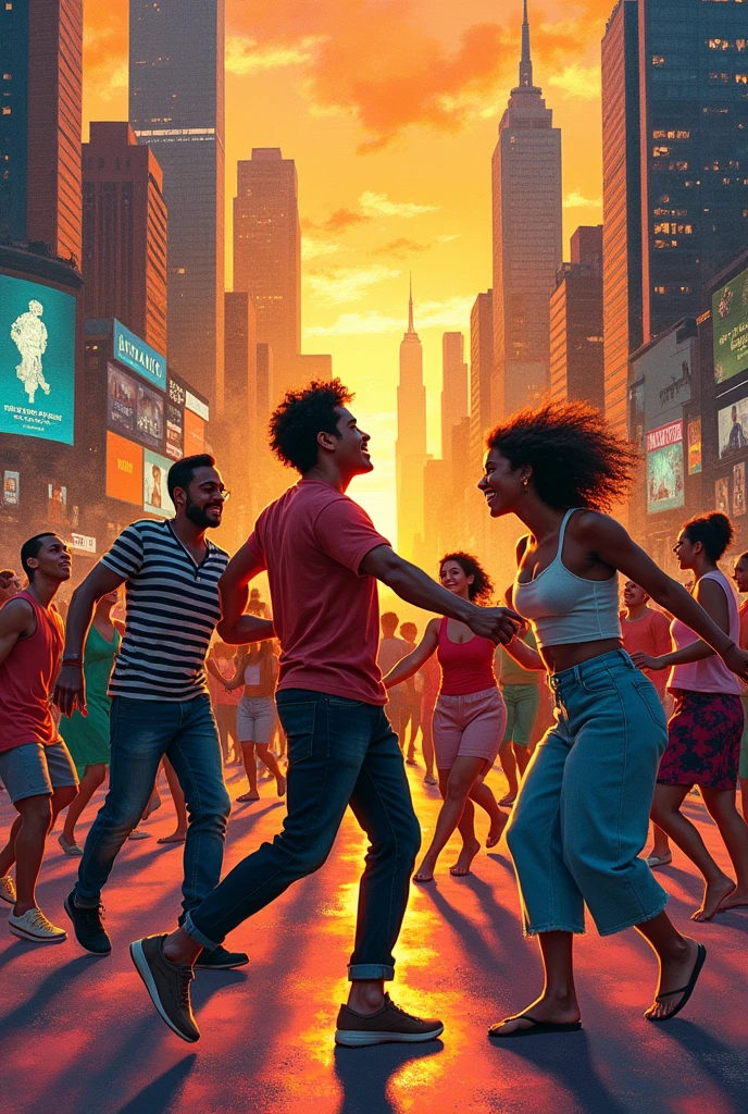 The image is a vibrant collage of a city skyline at sunset, with a group of people dancing in the foreground.